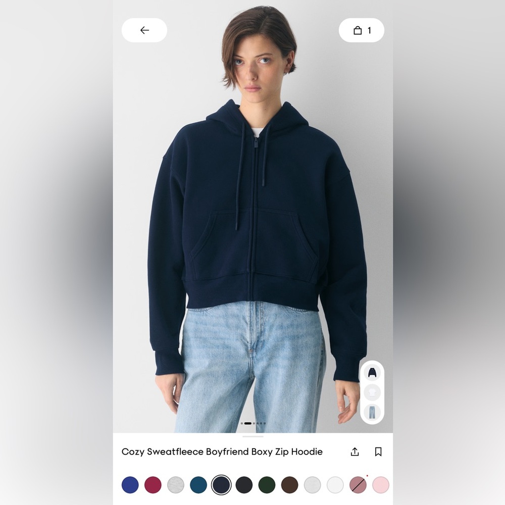 Aritzia TNA Cozy Fleece Boxy Zip Hoodie in Dark Blue (admiral blue) - Picture 2 of 5